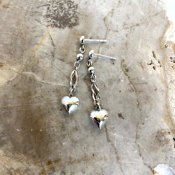 Sterling Silver 925 Dainty Petite Spiral Puffy Heart Dangle Drop Earrings - Picture 11 of 16